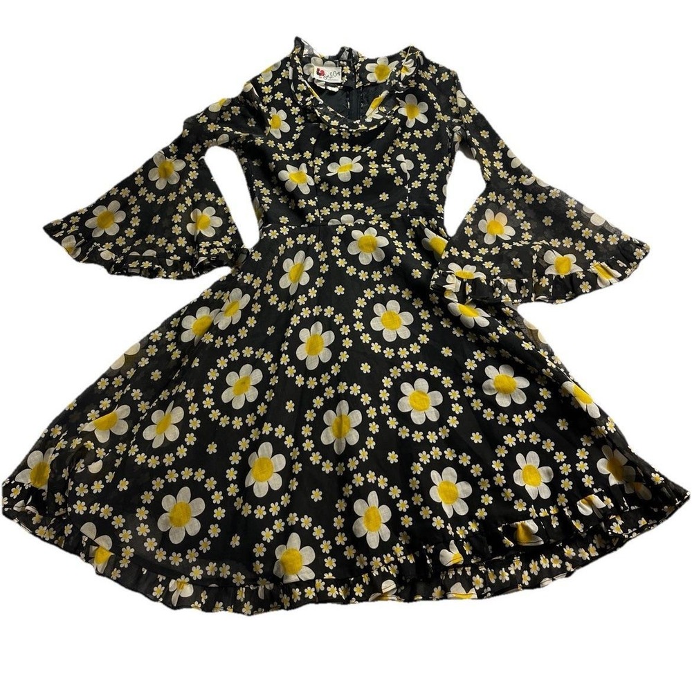 1970s Eve Le Coq California Black Daisy Print Dress‎ | Fit & Flare- Boho- VTG